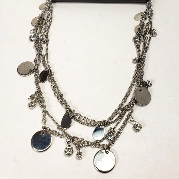 Women's Stunning Rhodium Layered Choker with Discs & Crystal Drops 11+2-inch - Picture 1 of 8